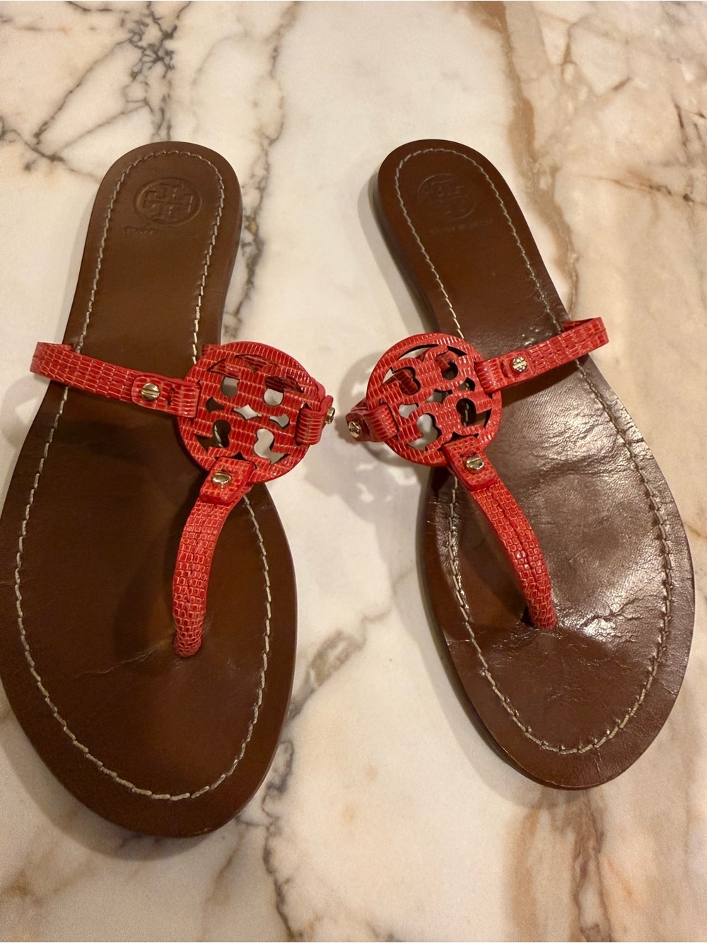 Tory Burch Brown Leather Sandals with Red Logo Thong